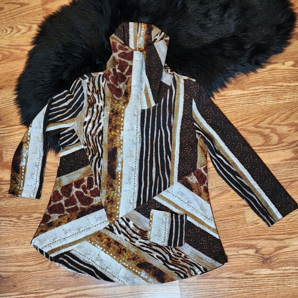 Multiples Patchwork Top, Long-sleeves, Animal Print, Tunic Top Cowl Neck Size M